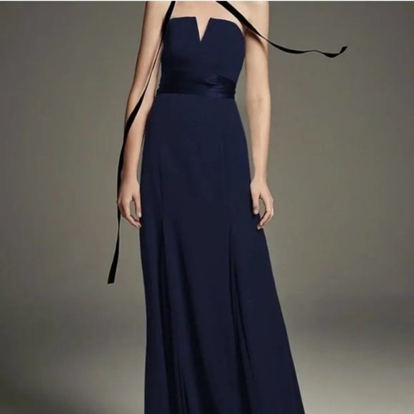 VERA WANG | V-Wire Crepe Mermaid Bridesmaid Dress VW360453 MARINE navy Sz 12 - Picture 3 of 10